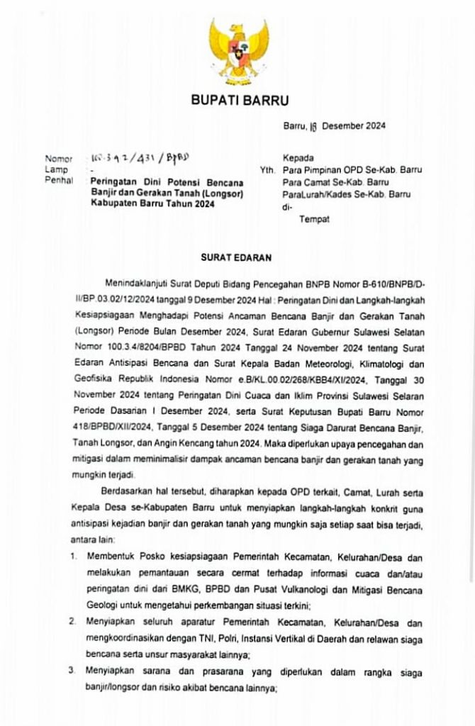 Siaga Darurat Bencana, Bupati Barru Keluarkan Surat Edaran